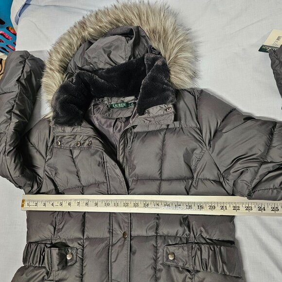 Ralph Lauren Faux-Fur-Trimmed Hooded Puffer Coat Women Size XL Charcoal - Picture 8 of 13